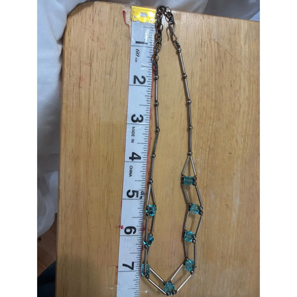 Turquoise Blue Square Glass Bead Liquid Silver‎ Bar Chain Necklace Boho Layering